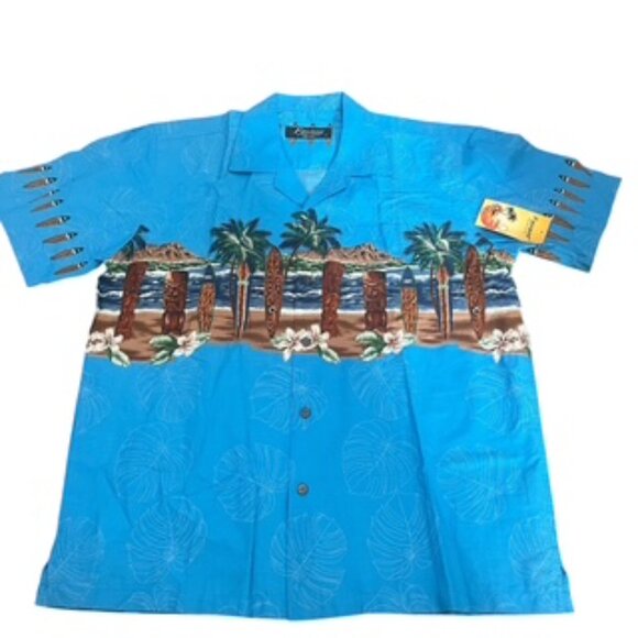 NEW Favant Aloha Shirt Men’s Size Large Hawaiian Blue Short Sleeve Button Up - Picture 2 of 14